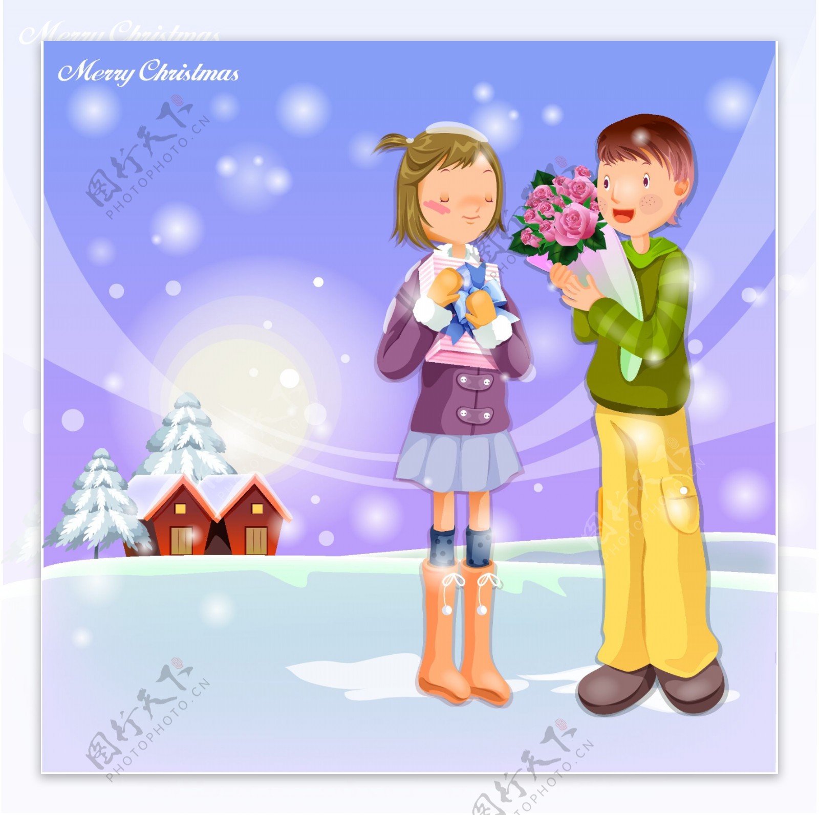 矢量卡通人物男女情侣浪漫雪景冬天圣诞节快乐幸福树木房子雪人路灯可爱情人用餐开心城市剪影矢量素材