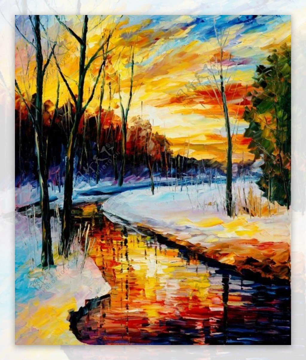 油画冬天河流图片