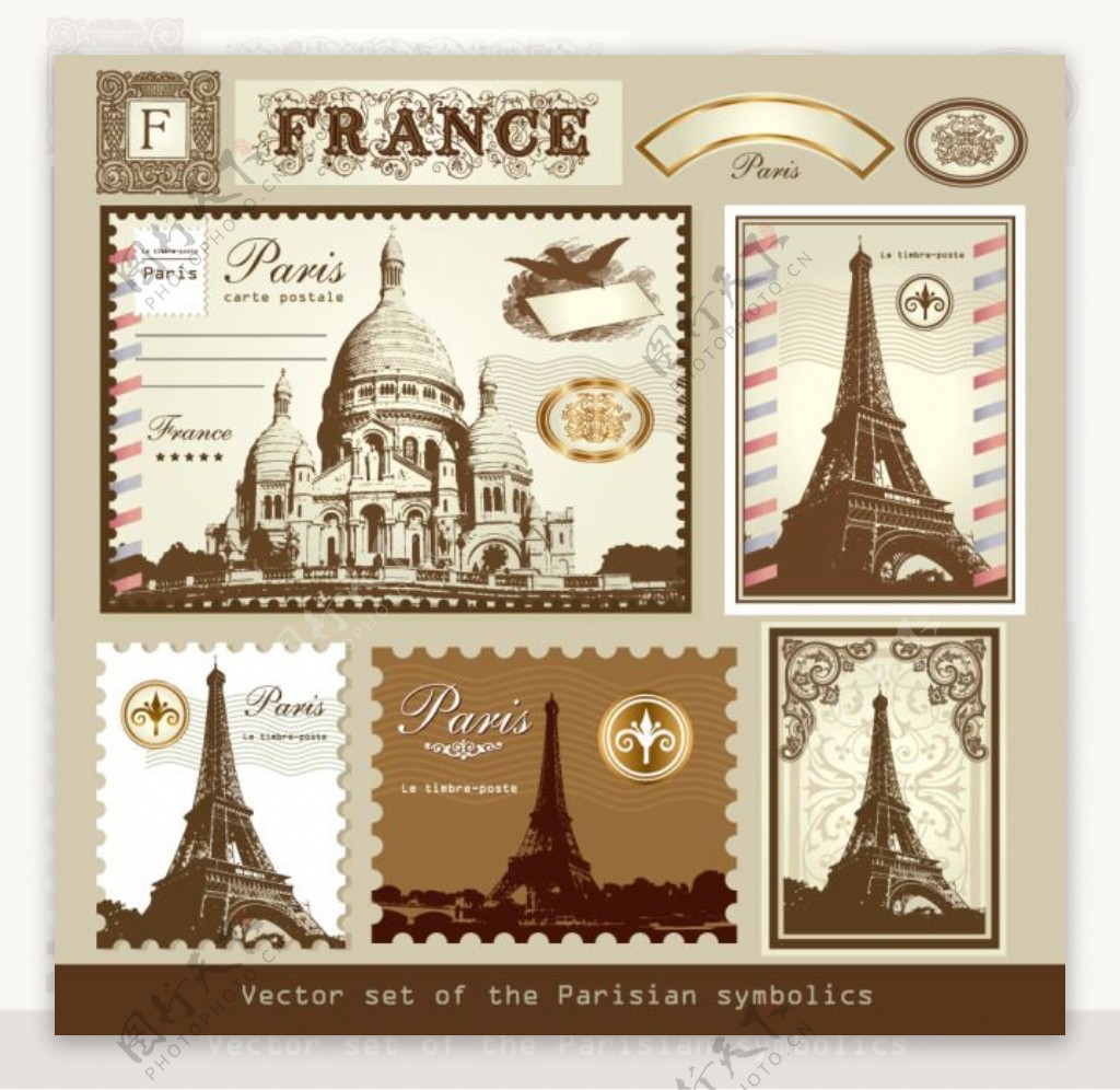 矢量素材复古建筑邮票