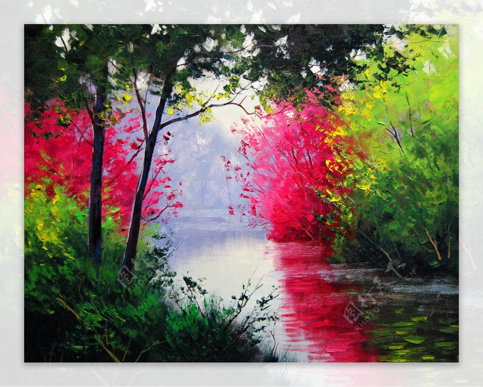 油画平静的河流图片