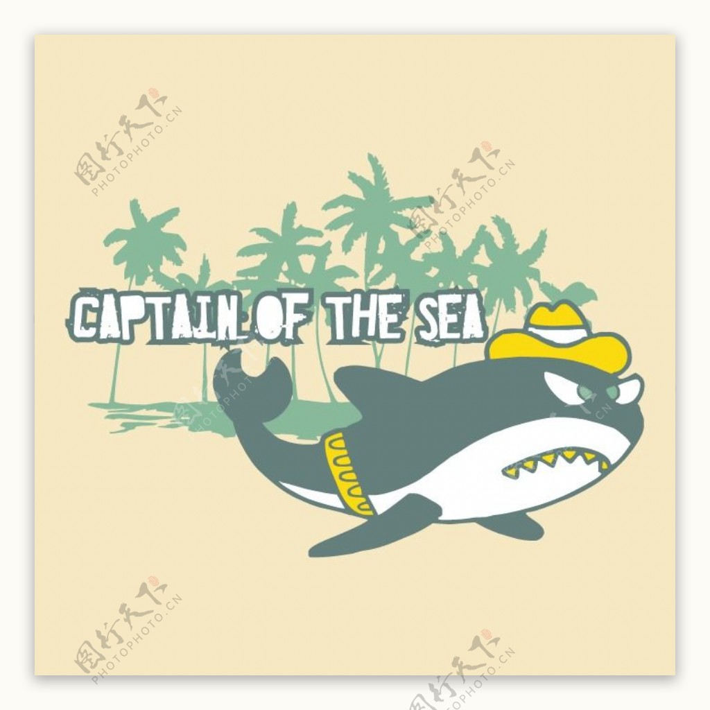 印花矢量图T恤图案图文结合卡通动物鲨鱼免费素材