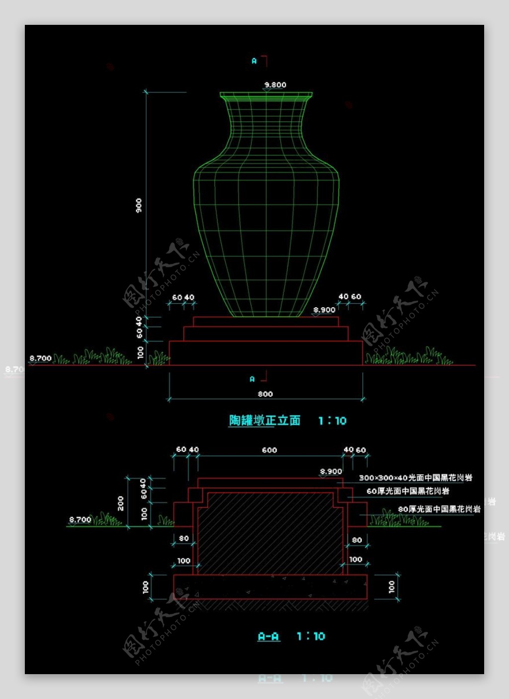 雕塑花瓶立面cad图纸