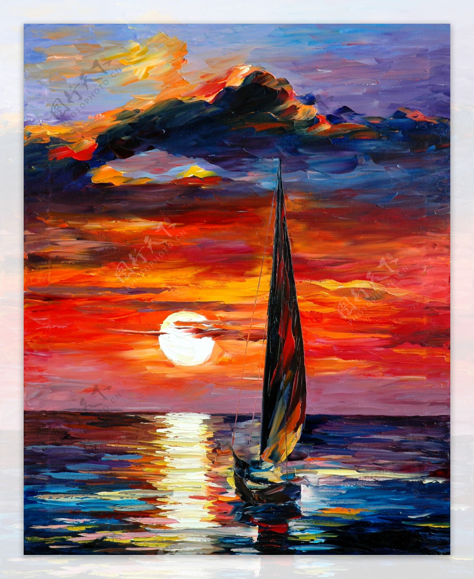 油画夕阳帆船图片