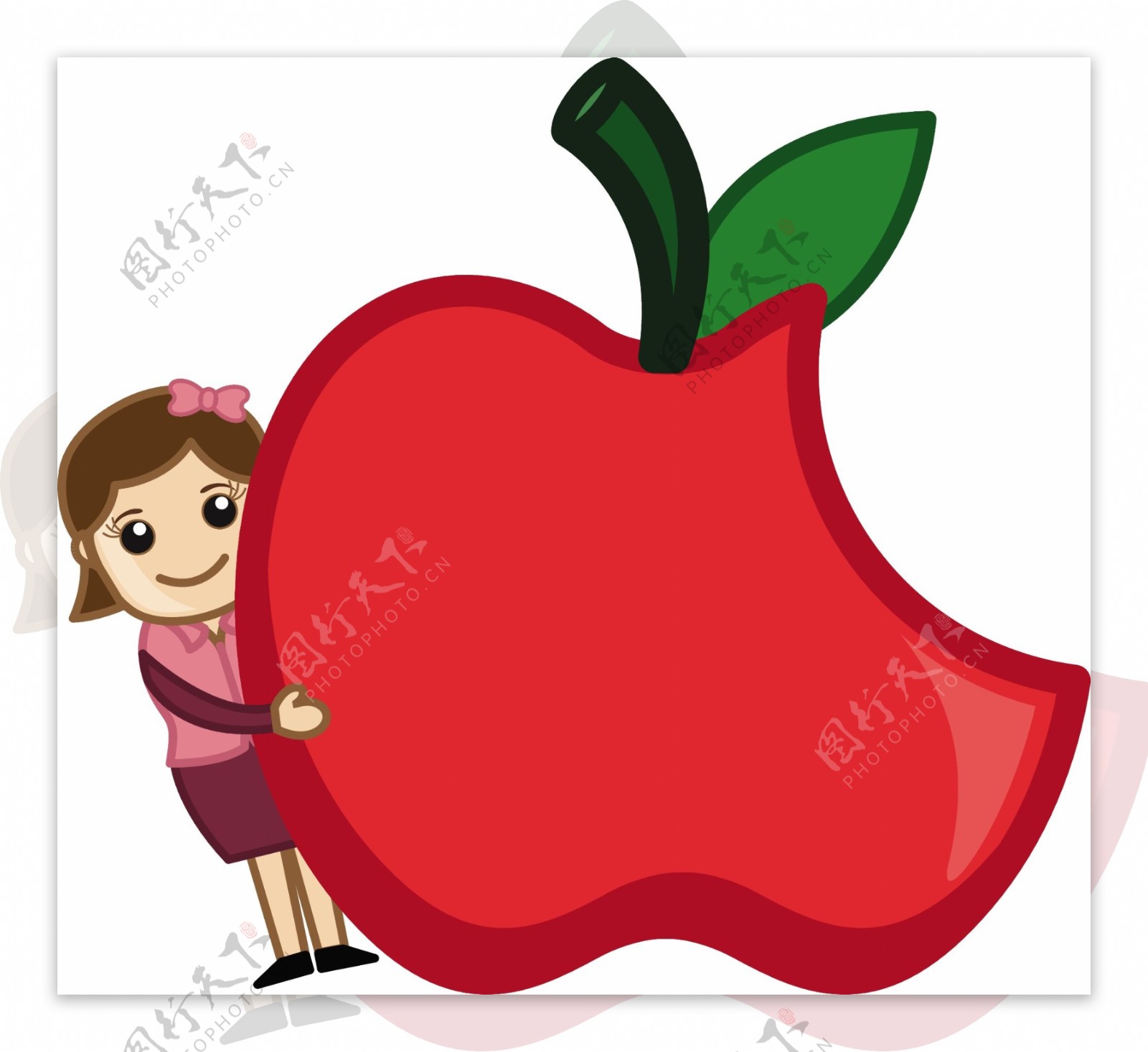 健康的饮食理念卡通女孩与一个苹果