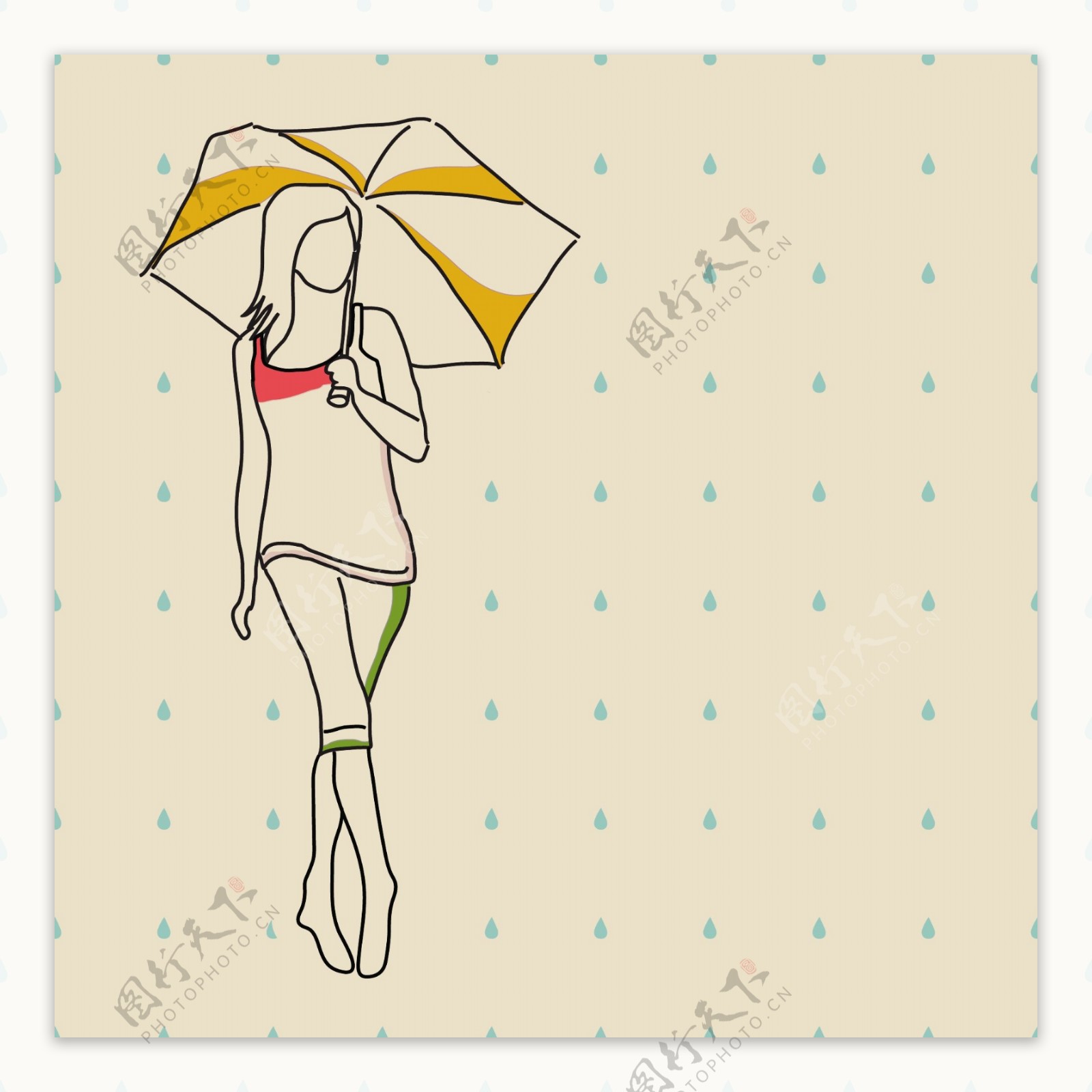 摘要背景与雨季的女孩拿着伞的草图