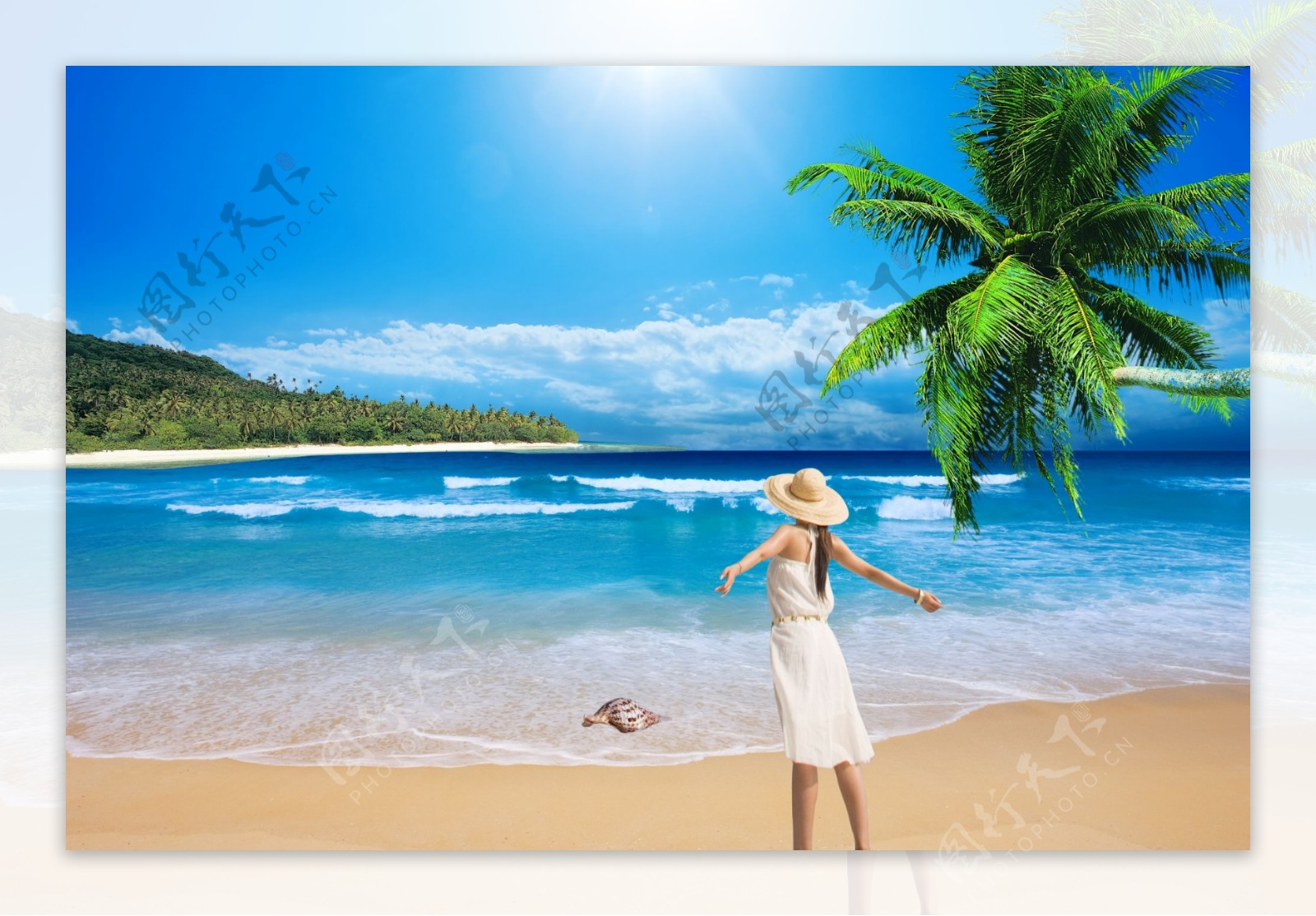 夏日海滩美女椰树图片