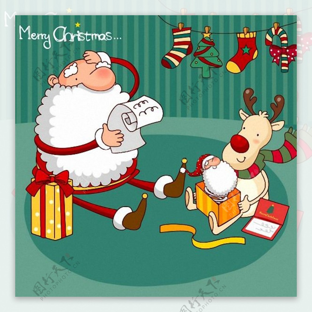 位图插画圣诞老人麋鹿礼物免费素材