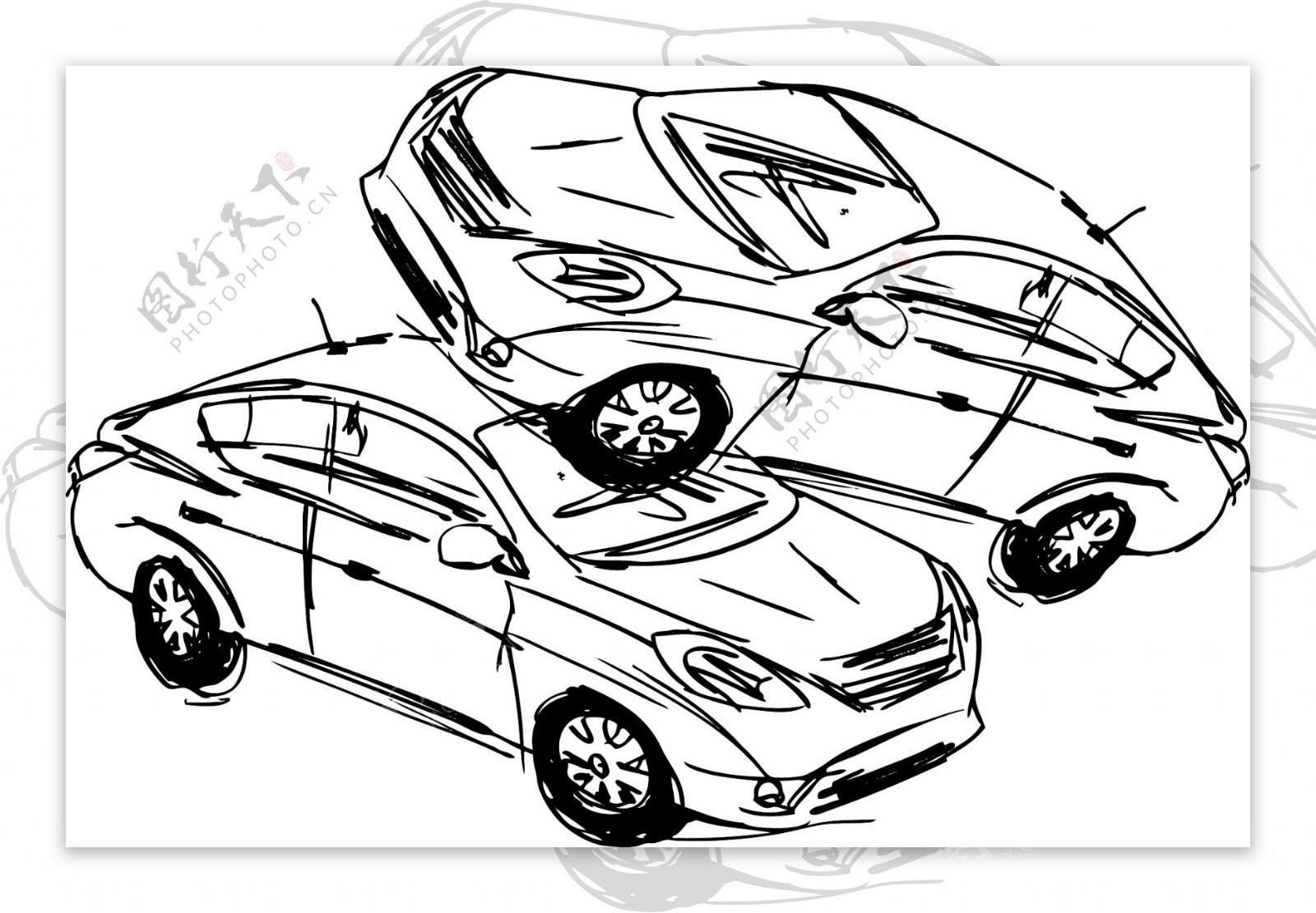 在一次事故中的两辆车示意孤立在白色背景矢量插画