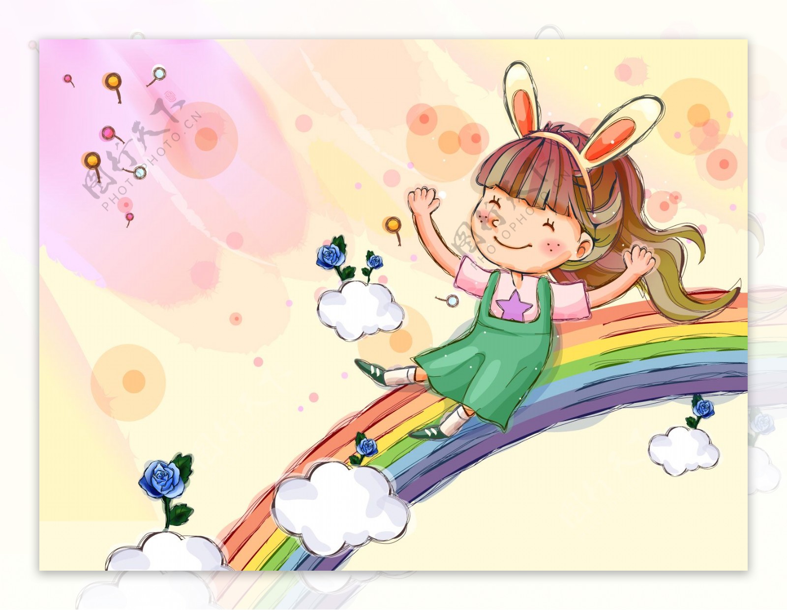 童年卡通插画彩虹上的快乐