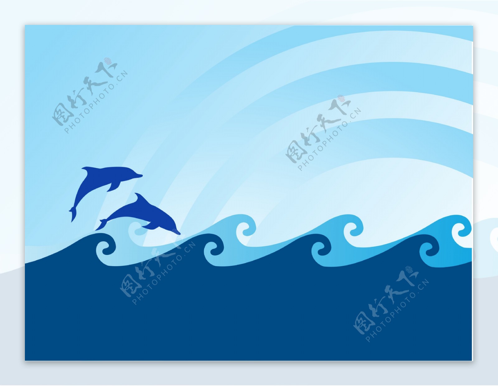 海浪和海豚在蓝色的背景