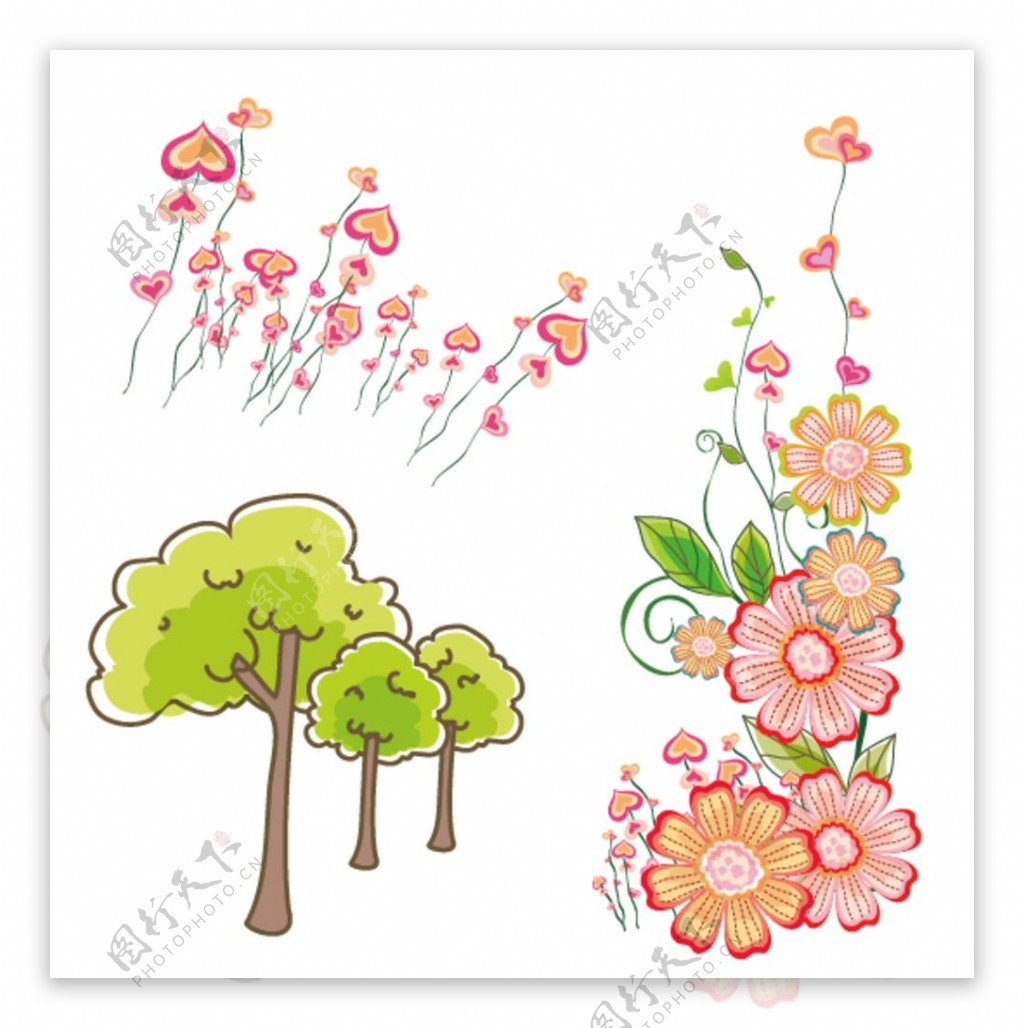 卡通树木花朵心形图片