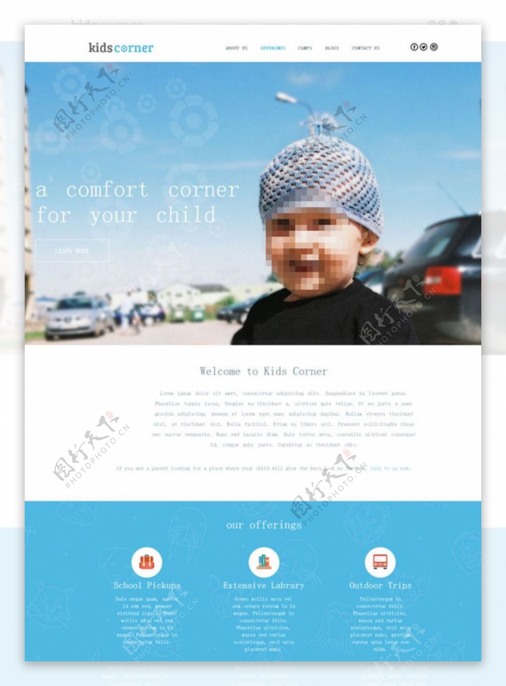 蓝色儿童户外网站模板图片