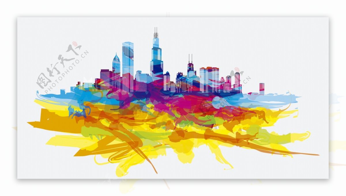 芝加哥手绘彩色城市素材图片