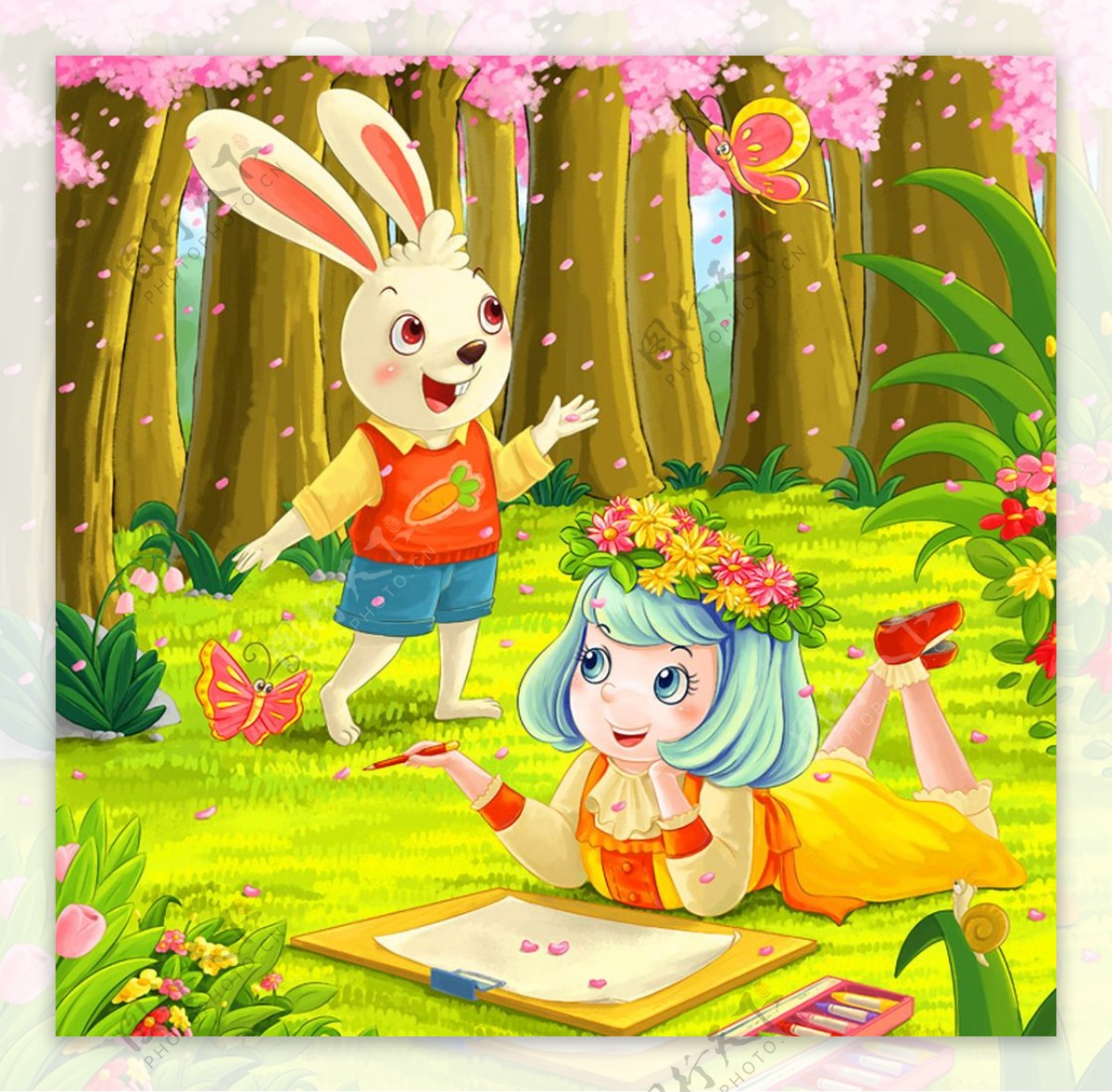 兔子女孩插画图片