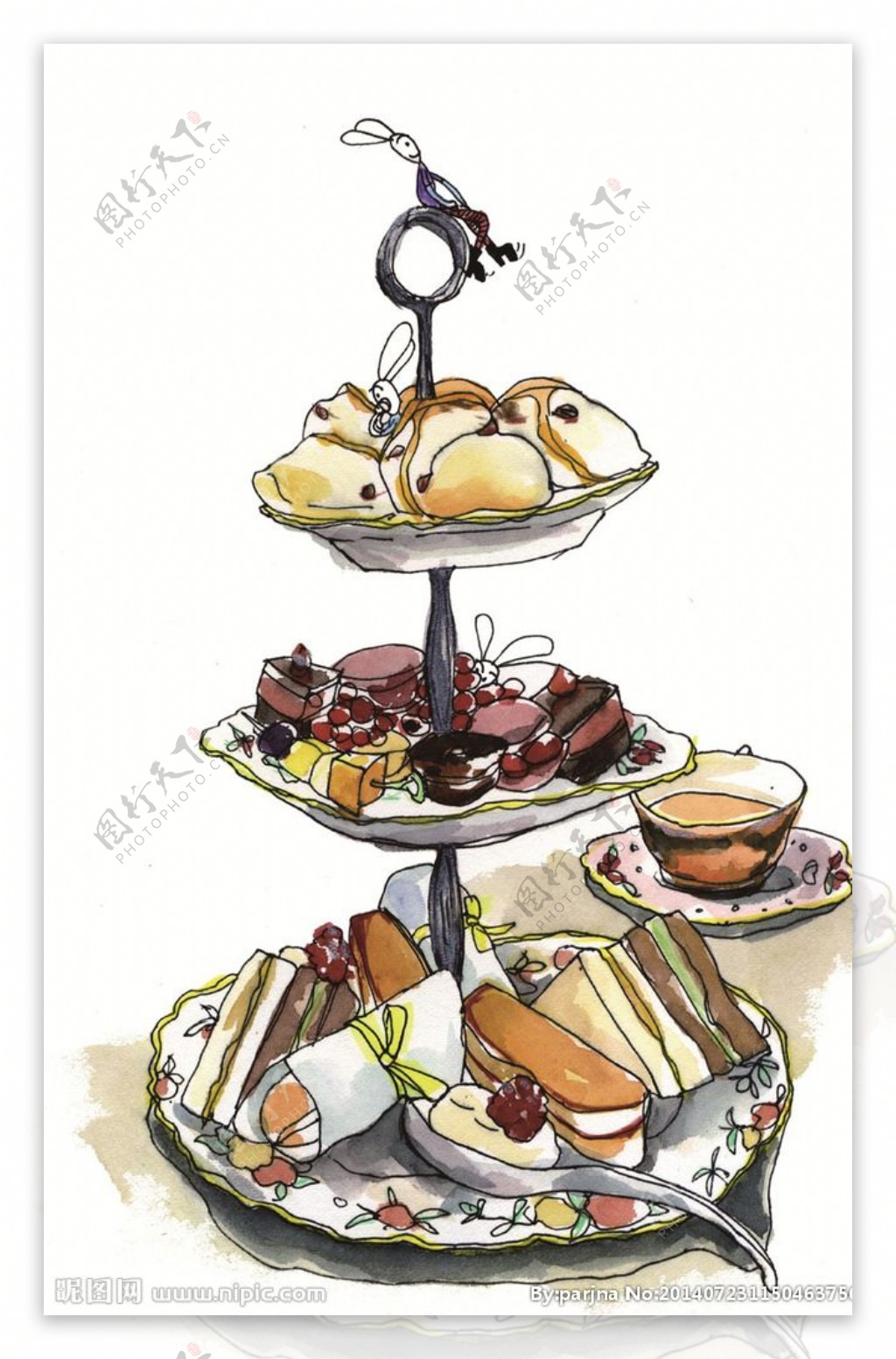 英式下午茶水彩画素材图片