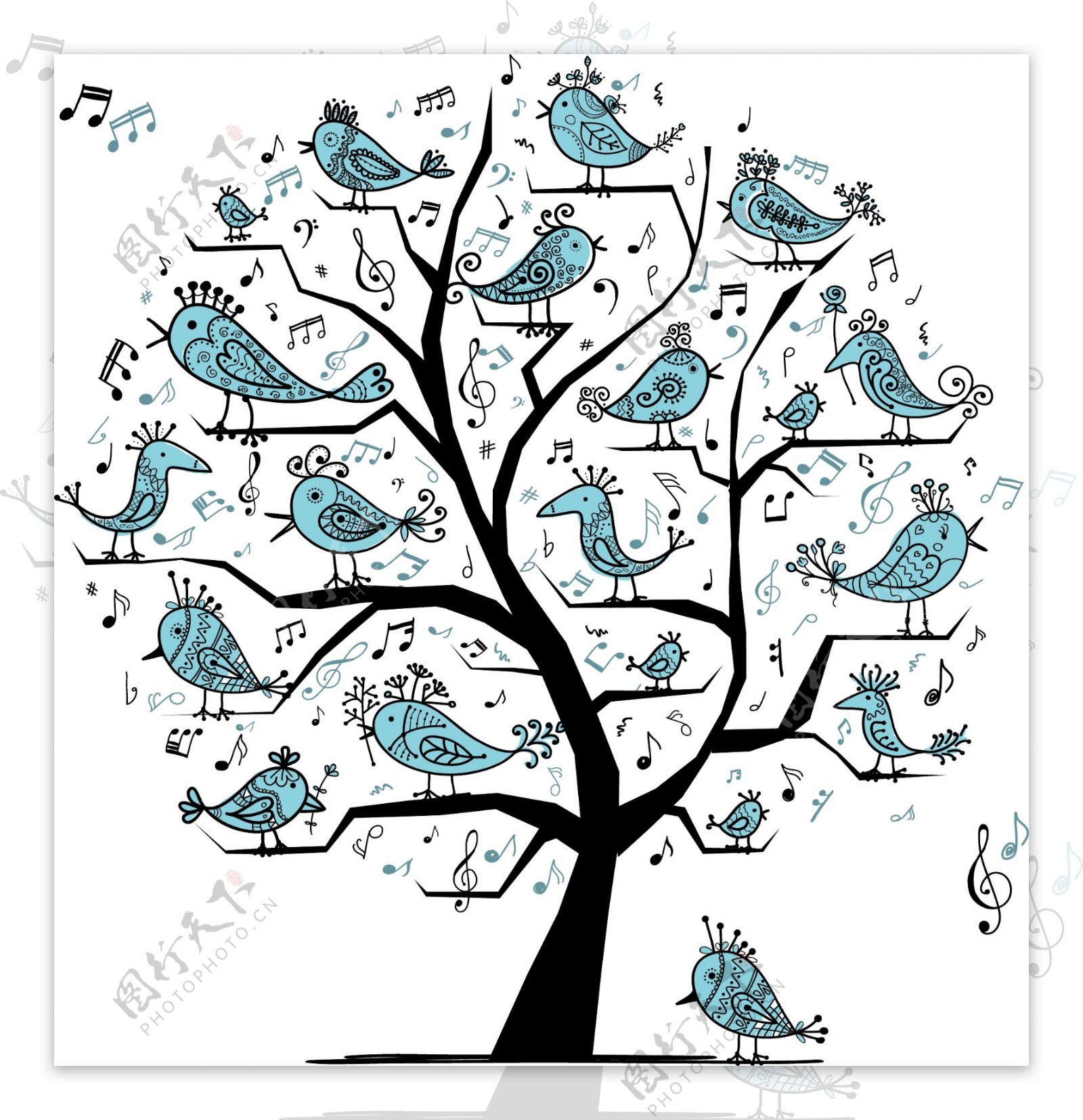 唱歌小鸟花纹树木图片