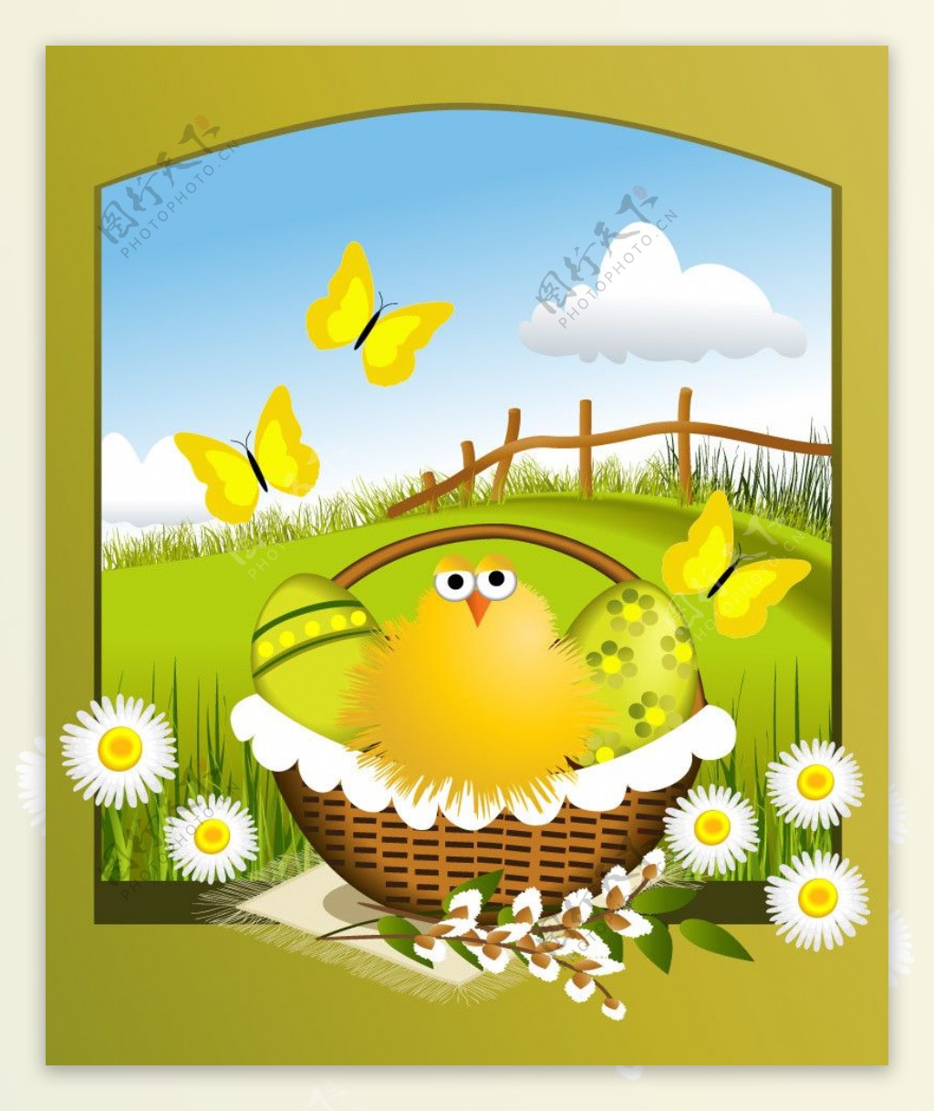 小鸡彩蛋蝴蝶复活节背景图片
