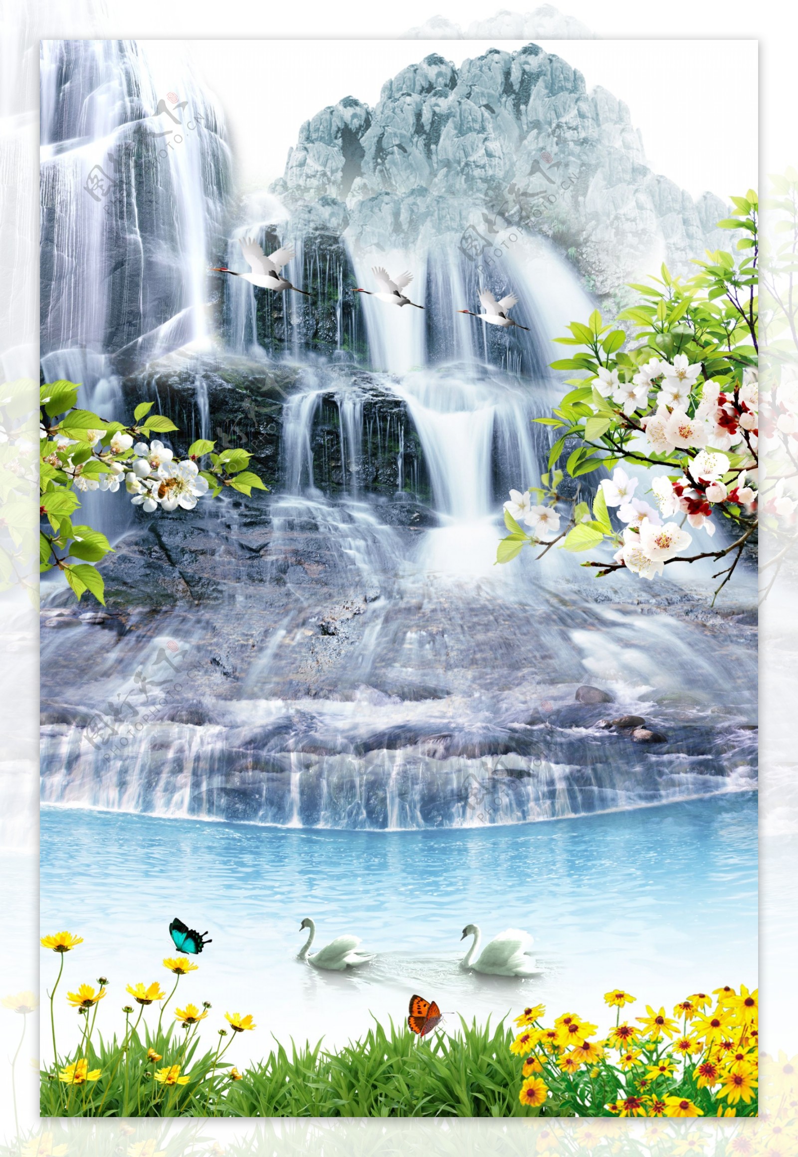 山瀑布水风景画图片