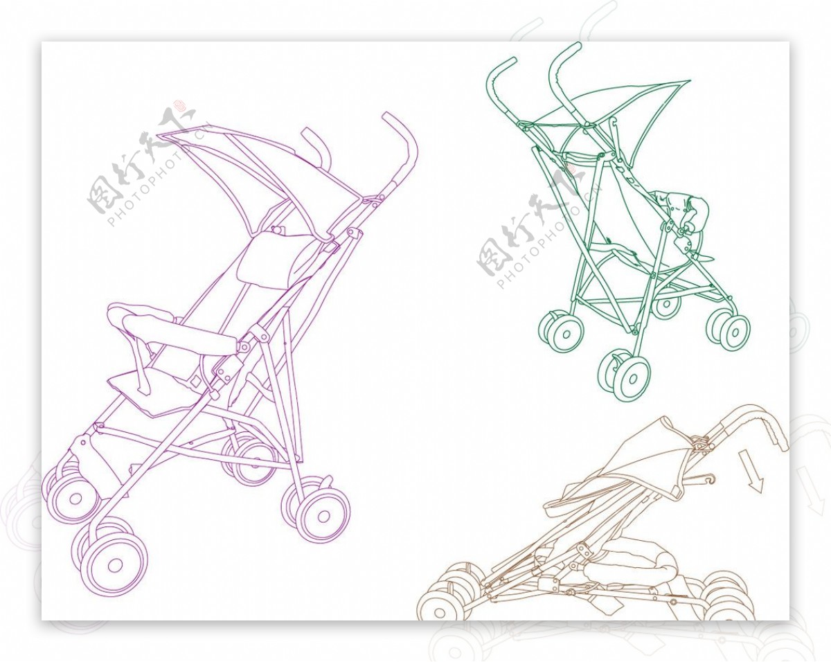 矢量婴儿车线描儿童车图片