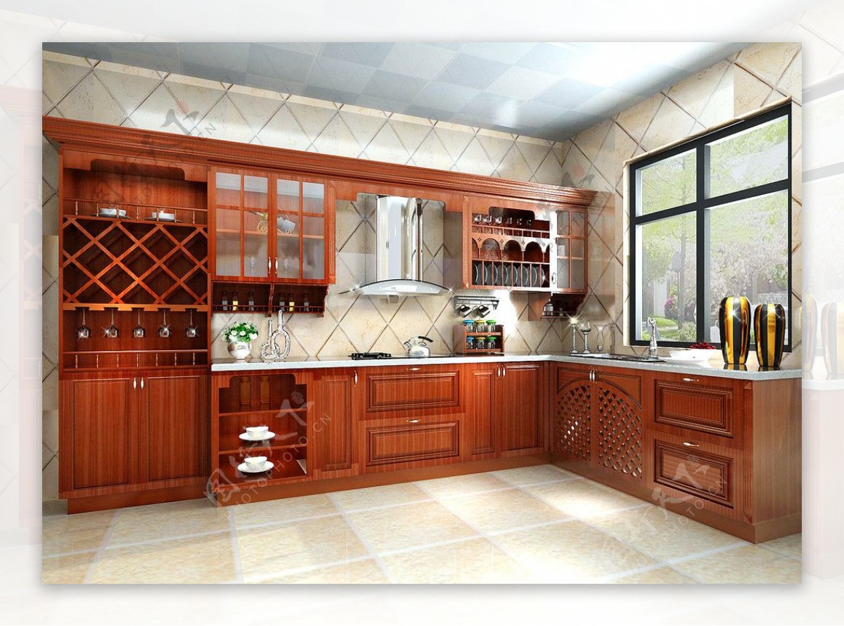L型实木厨房图片