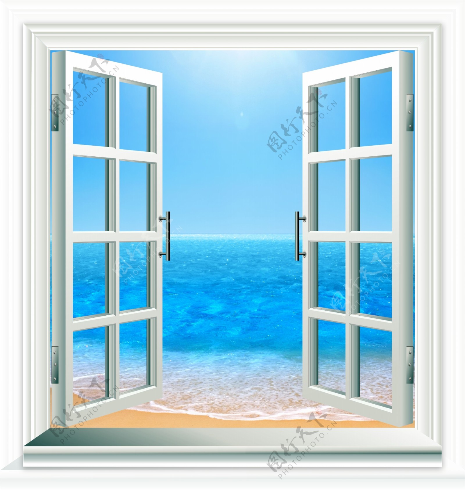 格子窗户海边图片