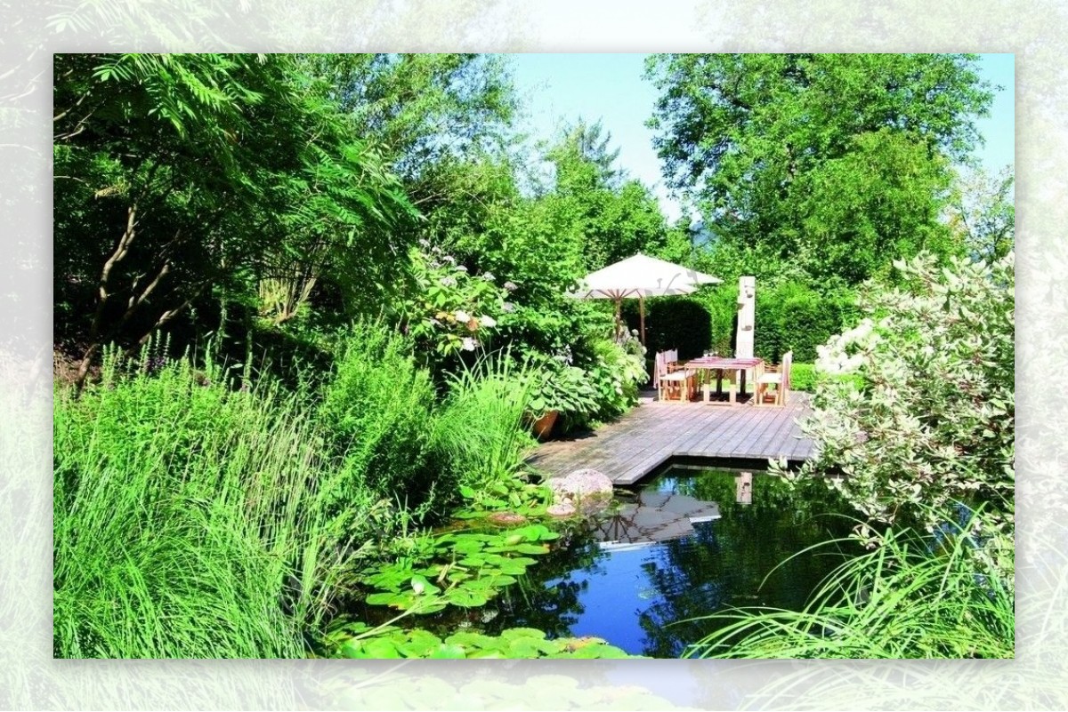 豪华别墅庄园里池塘边的休息区图片
