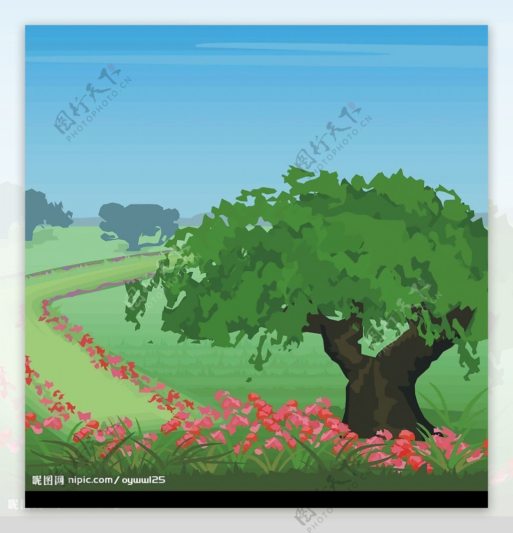 绿树红花图片