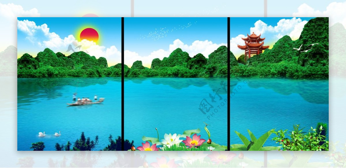 无框山水风景桂林漓江画长卷画巨幅风景巨幅山水花鸟画图片