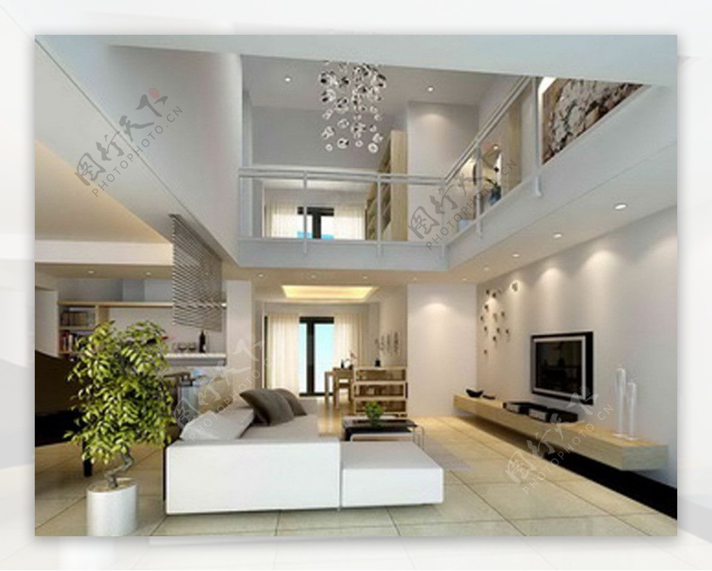 现代白色调复式客厅模型图片