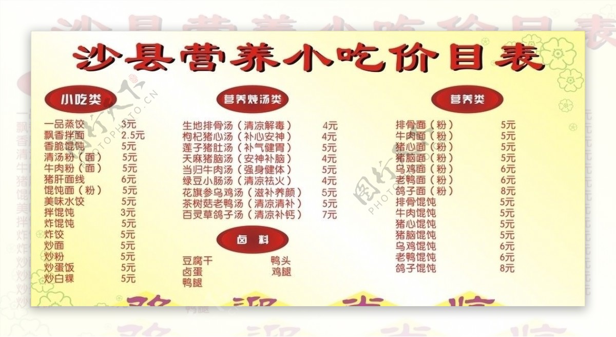 沙县营养小吃价目表图片