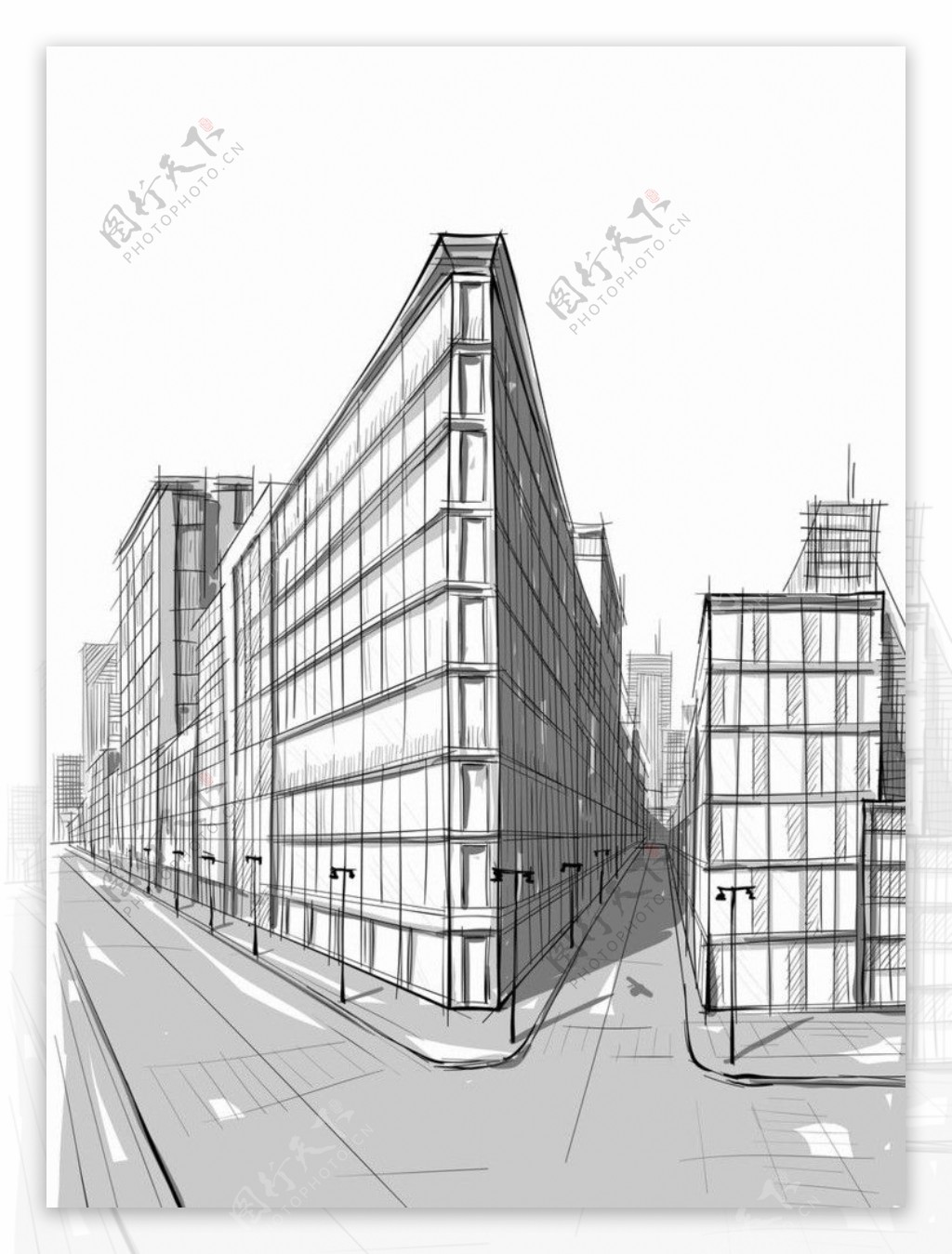 素描城市建筑街道图片