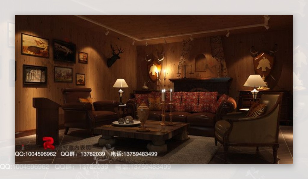 欧式晚上客厅3dsmax2009室内模型vray带全部贴图图片