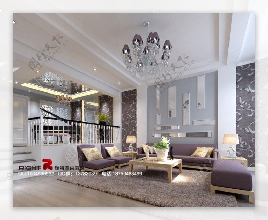 现代风情紫白客厅3dsmax2009室内模型vray带全部贴图图片