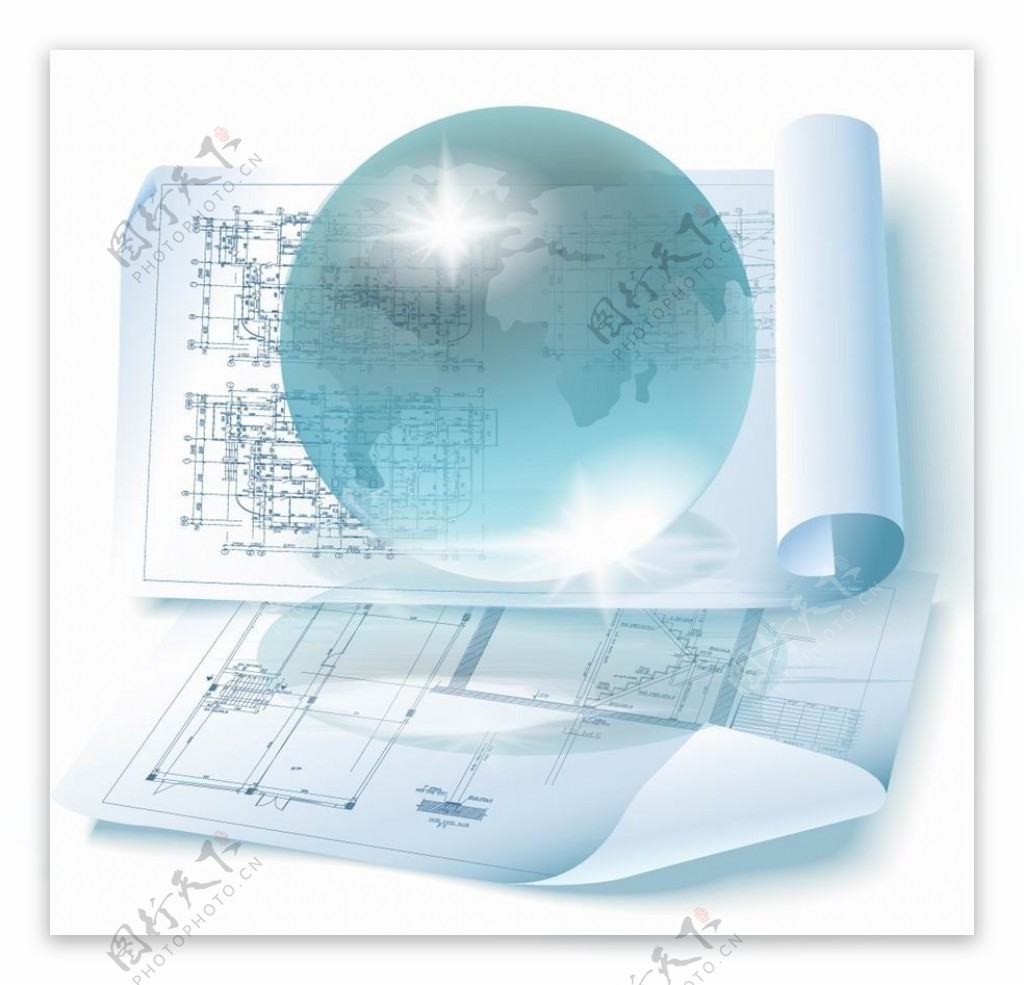 水晶球下的建筑图纸图片