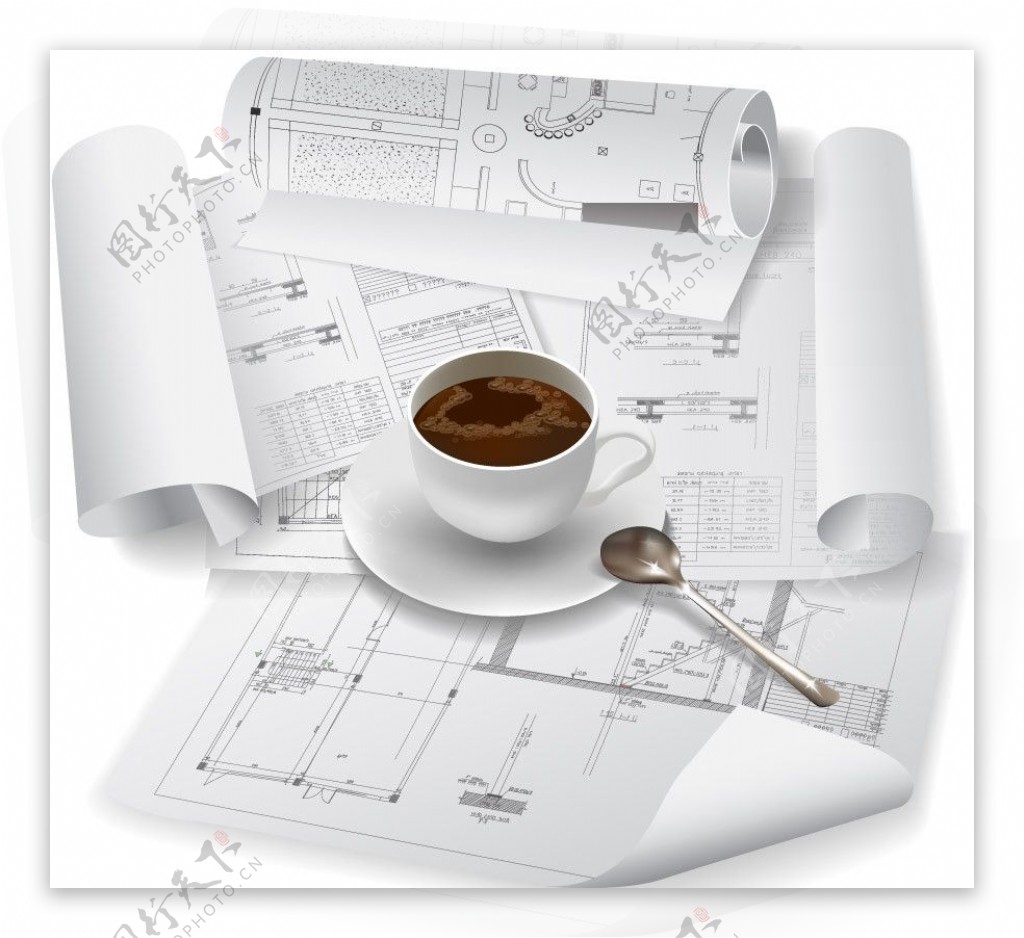 建筑工程图纸模型图咖啡图片