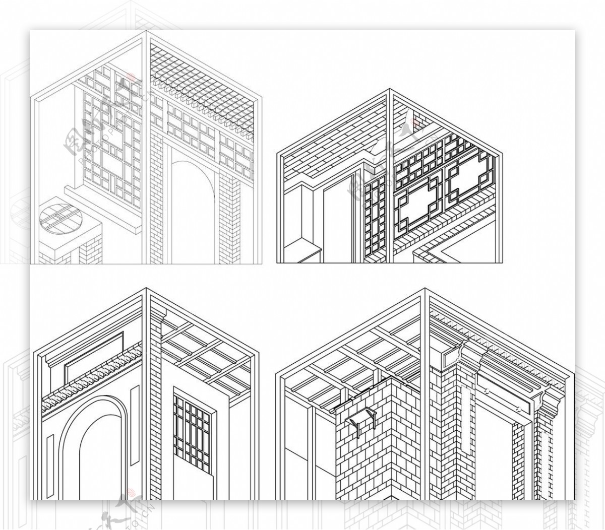 农村古建民俗建筑线描图片