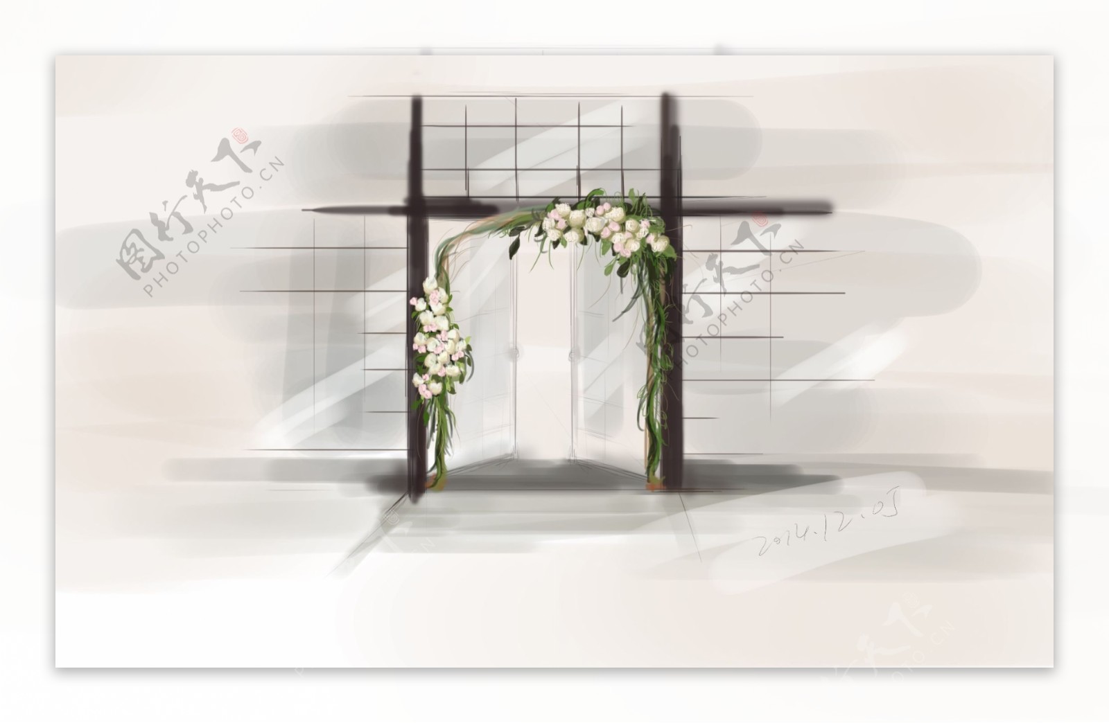 手绘门栏花拱门婚礼素材图片