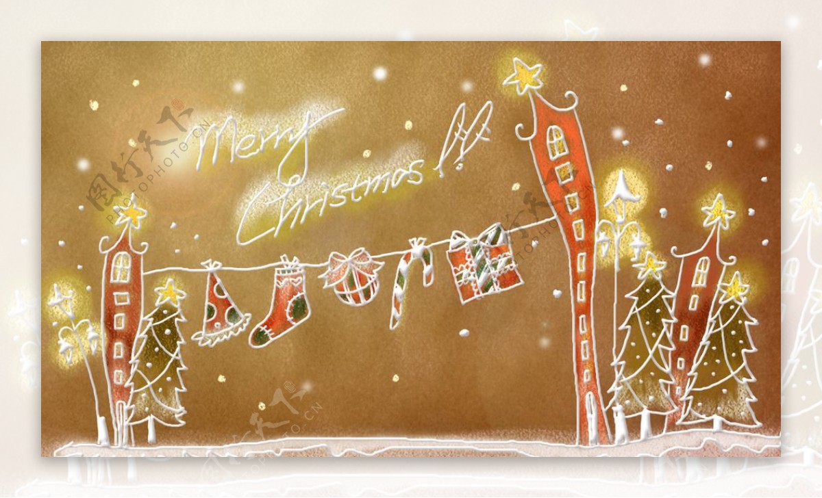 手绘线条圣诞节风景插画图片
