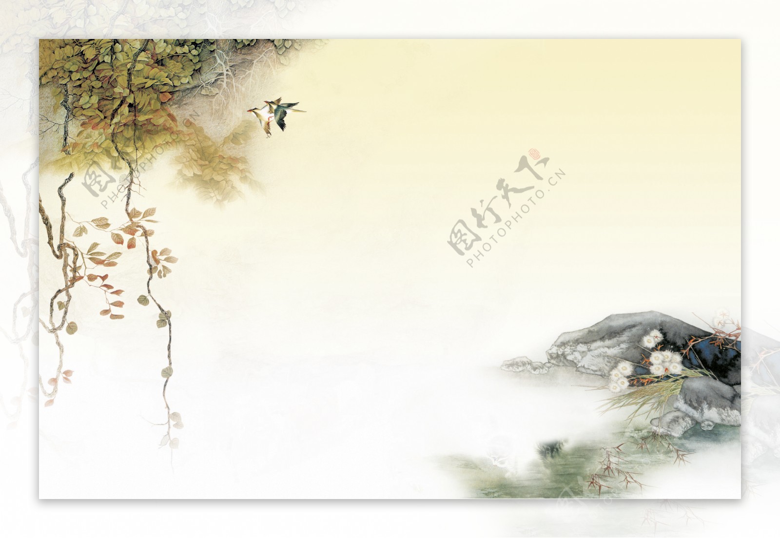 春天花鸟树水墨素材海报图片