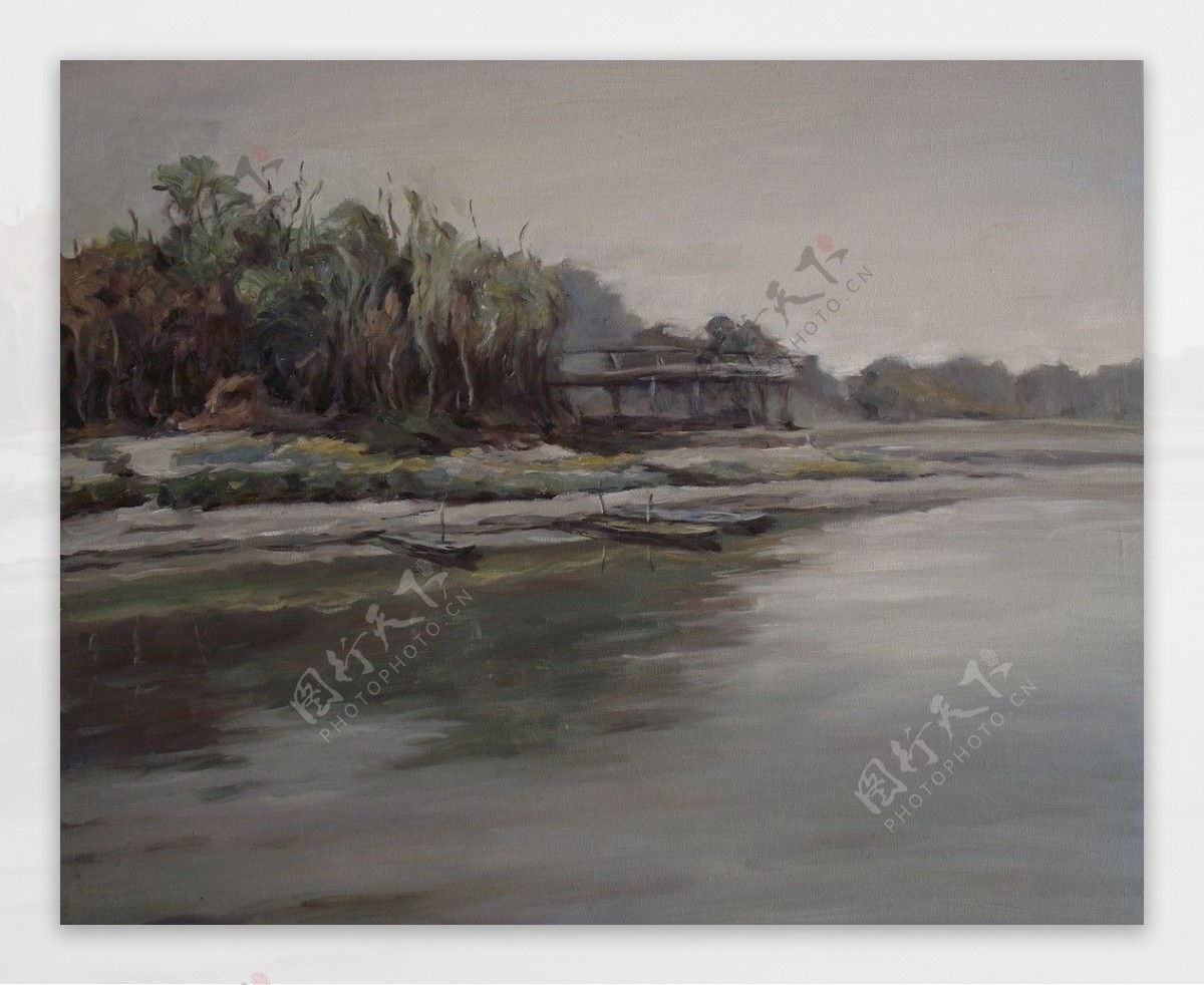 油画写生静静的河滩图片