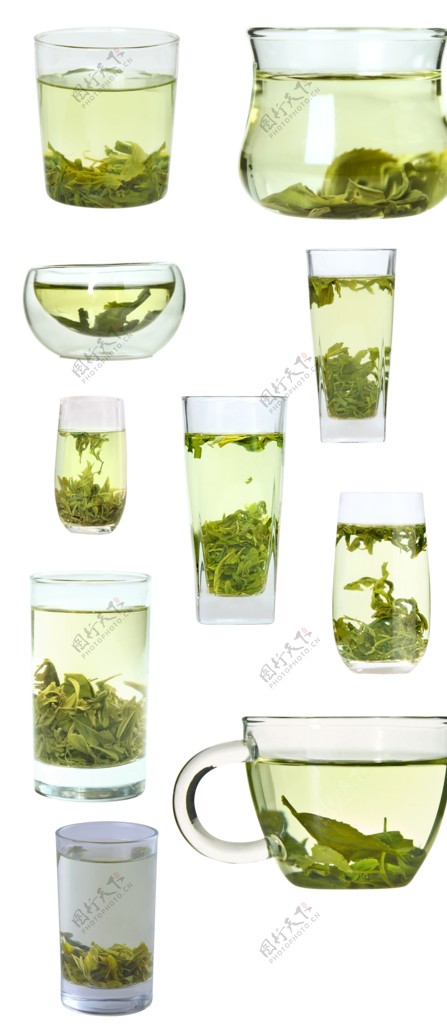 10种玻璃杯装日照绿茶茶汤素材图片