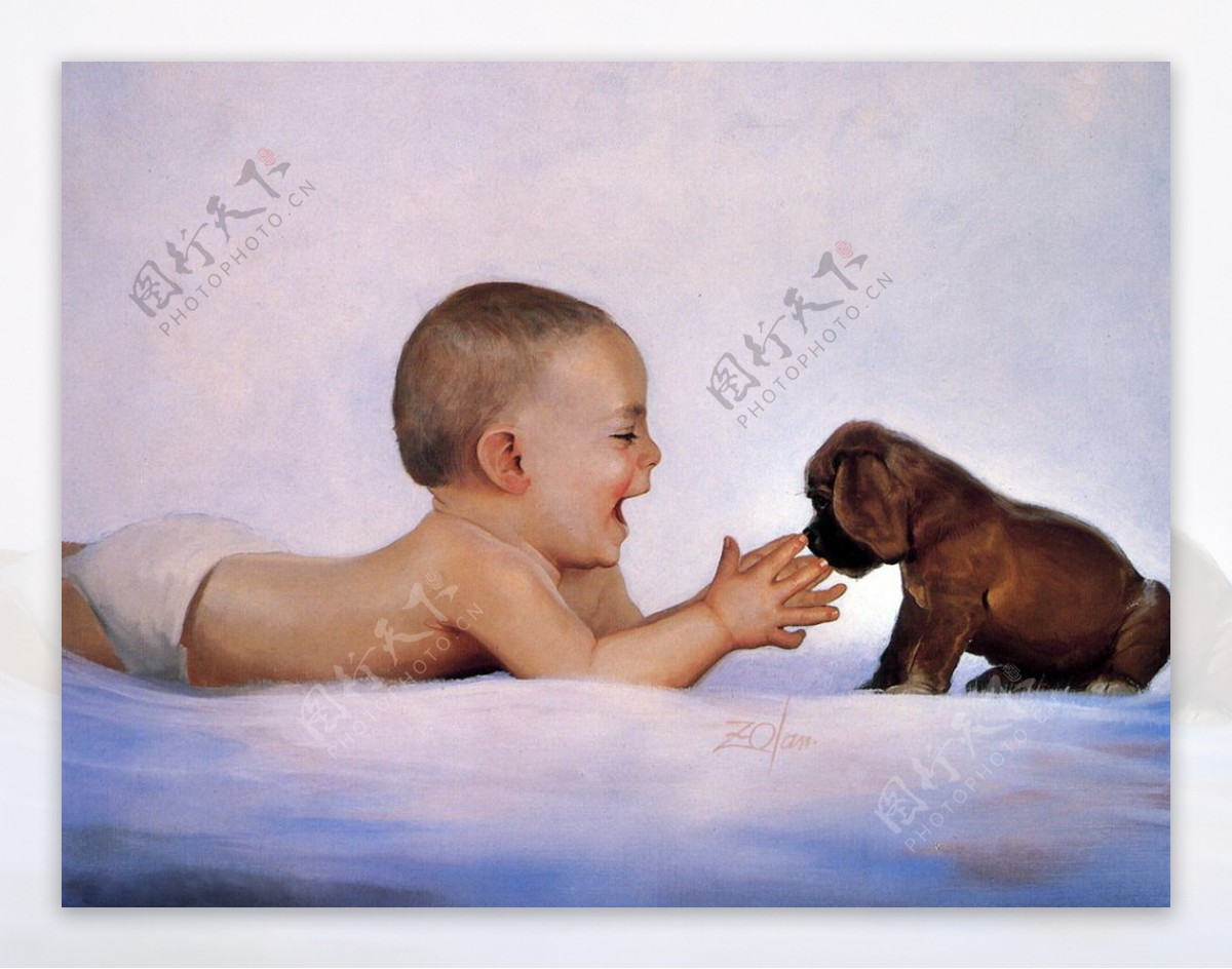 宝宝与狗油画图片