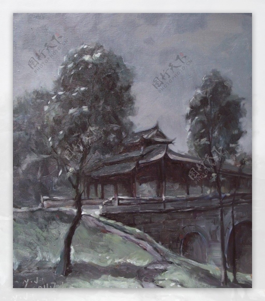 油画写生塔子山中式廊桥图片