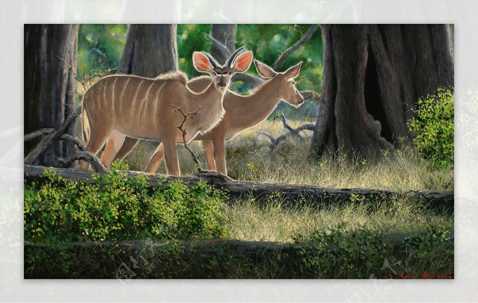 油画森林中的羚羊图片