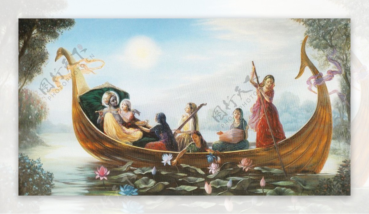 奎师那和牧牛姑娘在小船上共渡逍遥图片