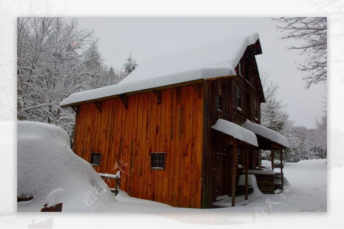 冬天的树林,雪地,小木屋图片-千叶网