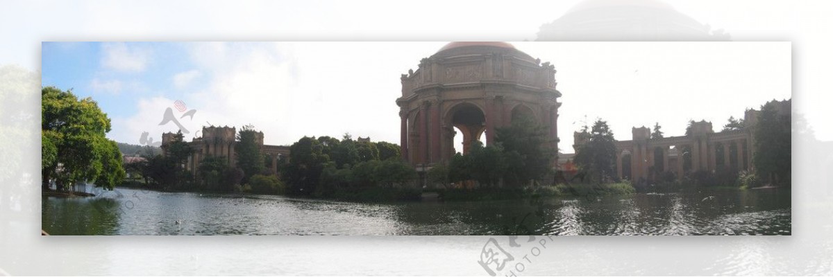 罗马建筑风格旧金山艺术宫北美洲美国加州加利福尼亚州公园湖无人宁静广角图片