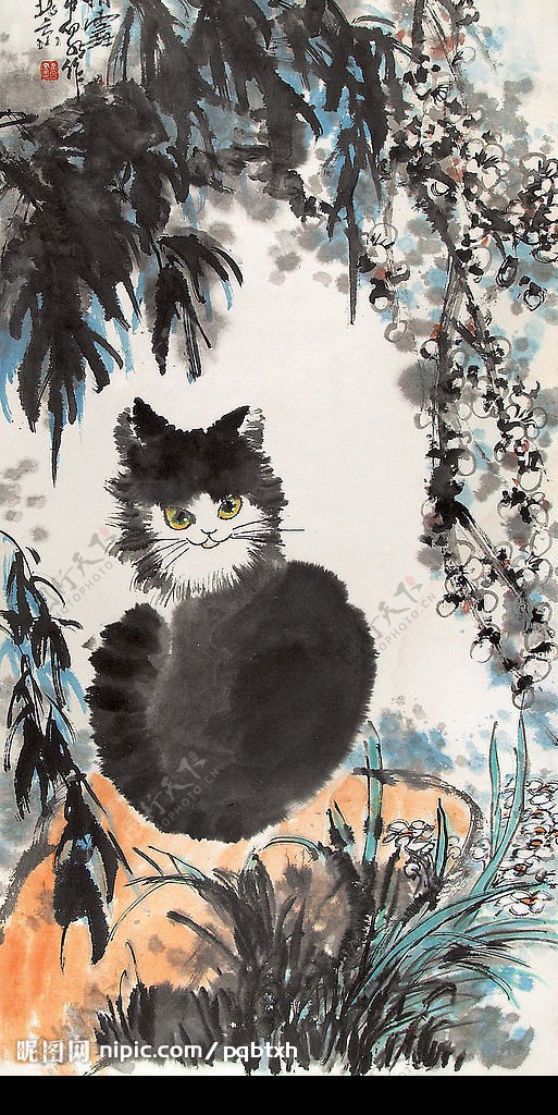 庞希泉现代国画猫与梅图片