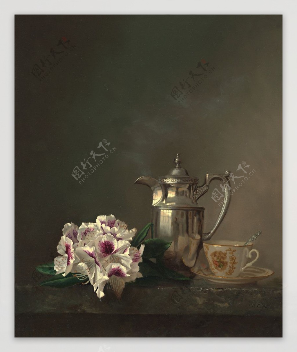 花银质茶壶油画图片