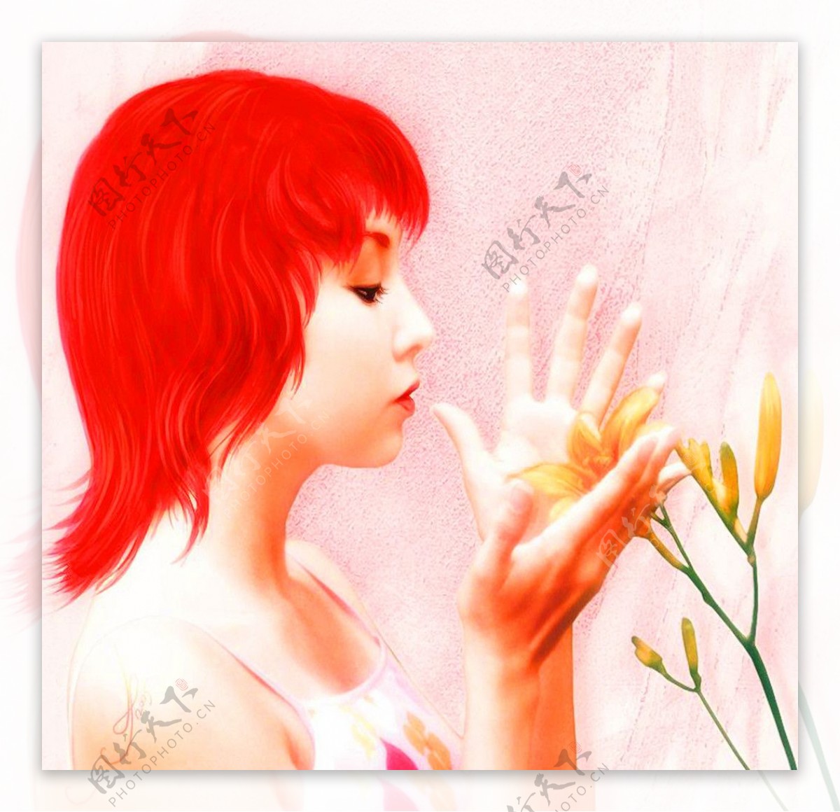油画闻花香的红发女孩图片